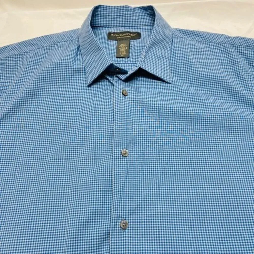 Banana Republic Dress Shirt‎ Men's XL Blue Mini Check Stretch Classic Poplin EUC